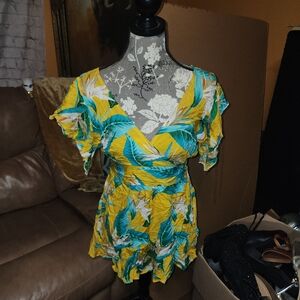 Tropical Leaf Print V-Neck Romper